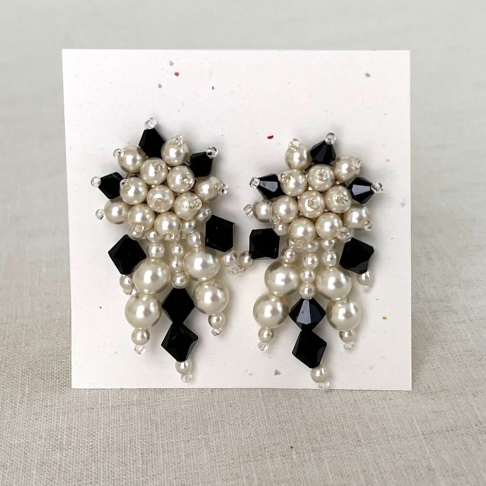 Vintage Faux Pearl Black Beaded Starburst Cluster Clip-On Statement Earrings
